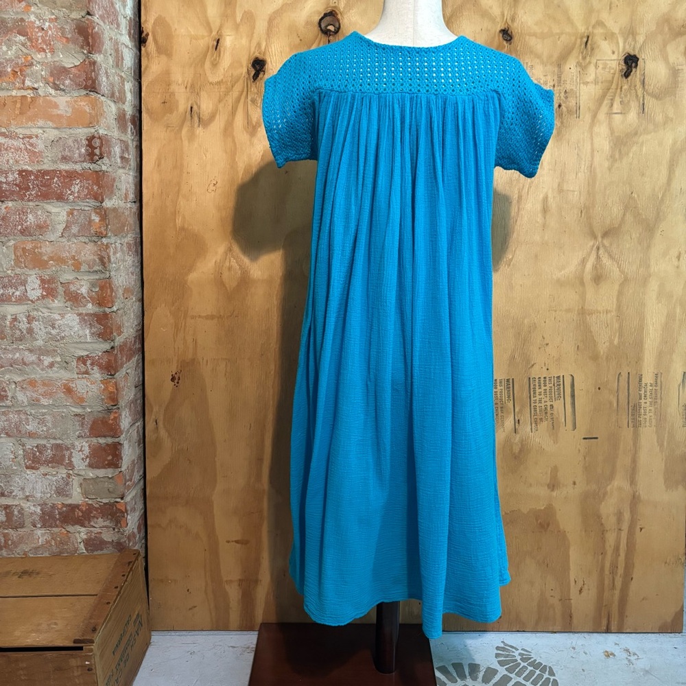 Vintage AC Gauze 70s Turquoise Boho Dress Crochet Bib Flowy 100% Cotton - Picture 4 of 5